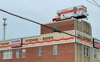 U-Haul truck was hoisted on top of Tulsa building in 1978 and has been there ever since