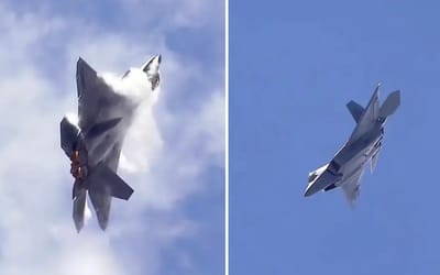 Watch the F-22 Raptor rotate through the air while remaining stationary in the sky