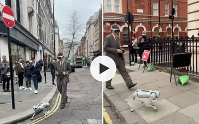 Crowds marvel as man strolls through London wearing Vision Pro and walking Robodog