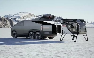 Cybertruck-esque 6 wheeler EV has a two-person electric helicopter hidden inside
