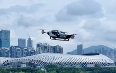 World’s first flying car Xpeng X2 spotted flying over a modern metropolis in China