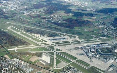 Aerial view shows how Zurich Airport's runway system is one of Europe’s most complex feats of design