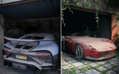 Bugatti and Ferraris abandoned and left to collect dust in sobering renders