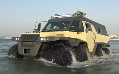 Supercar Blondie drives amphibious truck that crawls like a crab from land to ocean