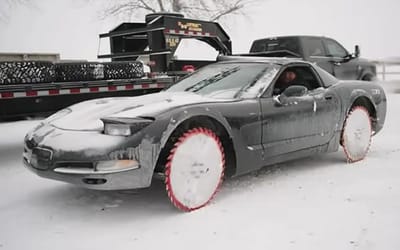 Minnesota man puts saw blades on his Corvette and puts it to the test on a frozen lake