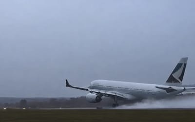 Airbus A330 looks suspended in place on takeoff in physics-defying footage due to unique stormy conditions