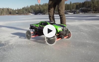 RC car with razor blade wheels can cut through the ice of a frozen lake