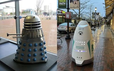 Security robot at outdoor mall looks straight out of Doctor Who