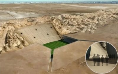 One-of-a-kind soccer stadium was to be built in middle of desert with rock-carved stand