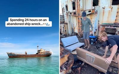 Young friends convert shipwreck in middle of ocean into cozy lounge with gaming console