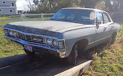 Classic 1967 Chevy Impala in desperate need of restoration after being abandoned in field for decades