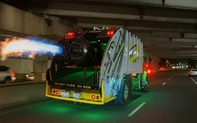 Someone added a jet engine to a garbage truck so it hits 200mph on ordinary US roads like it's normal