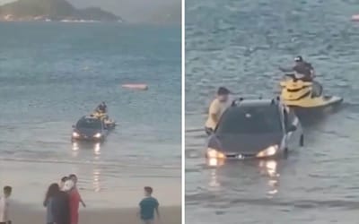 Watch this driver destroy his Peugeot 208 as he attempts to launch a jet ski