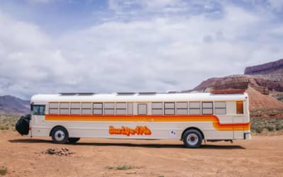 Young US couple convert school bus into permanent home they use to travel the country