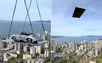 Luxury vintage car hoisted 58 stories by crane to penthouse in Canada