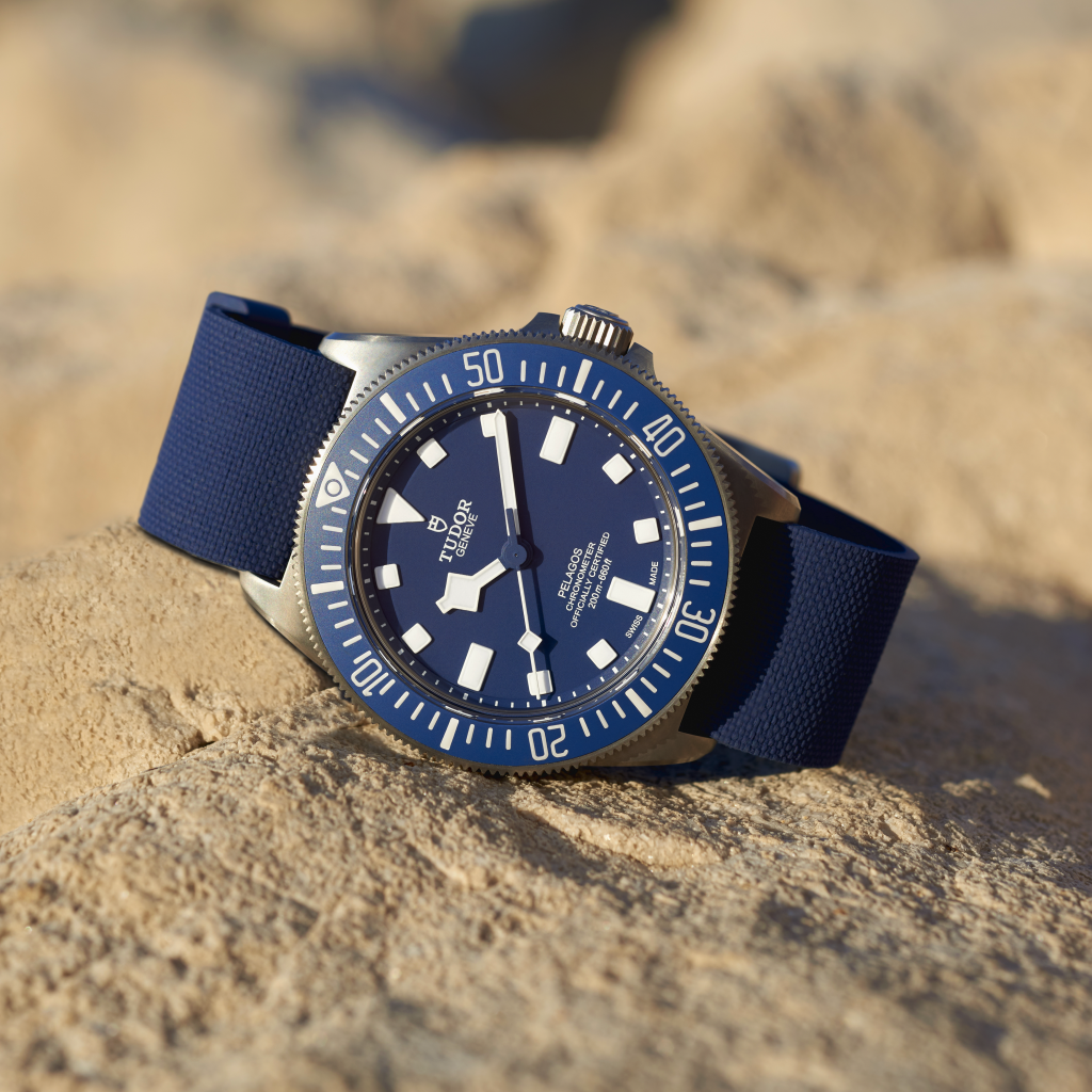 The Tudor Pelagos watch with a blue face and blue strap.