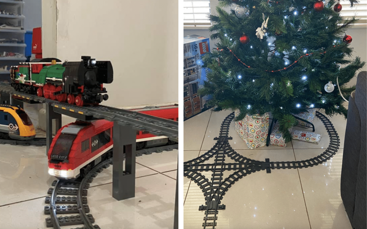 The LEGO train track winds around his entire home every year