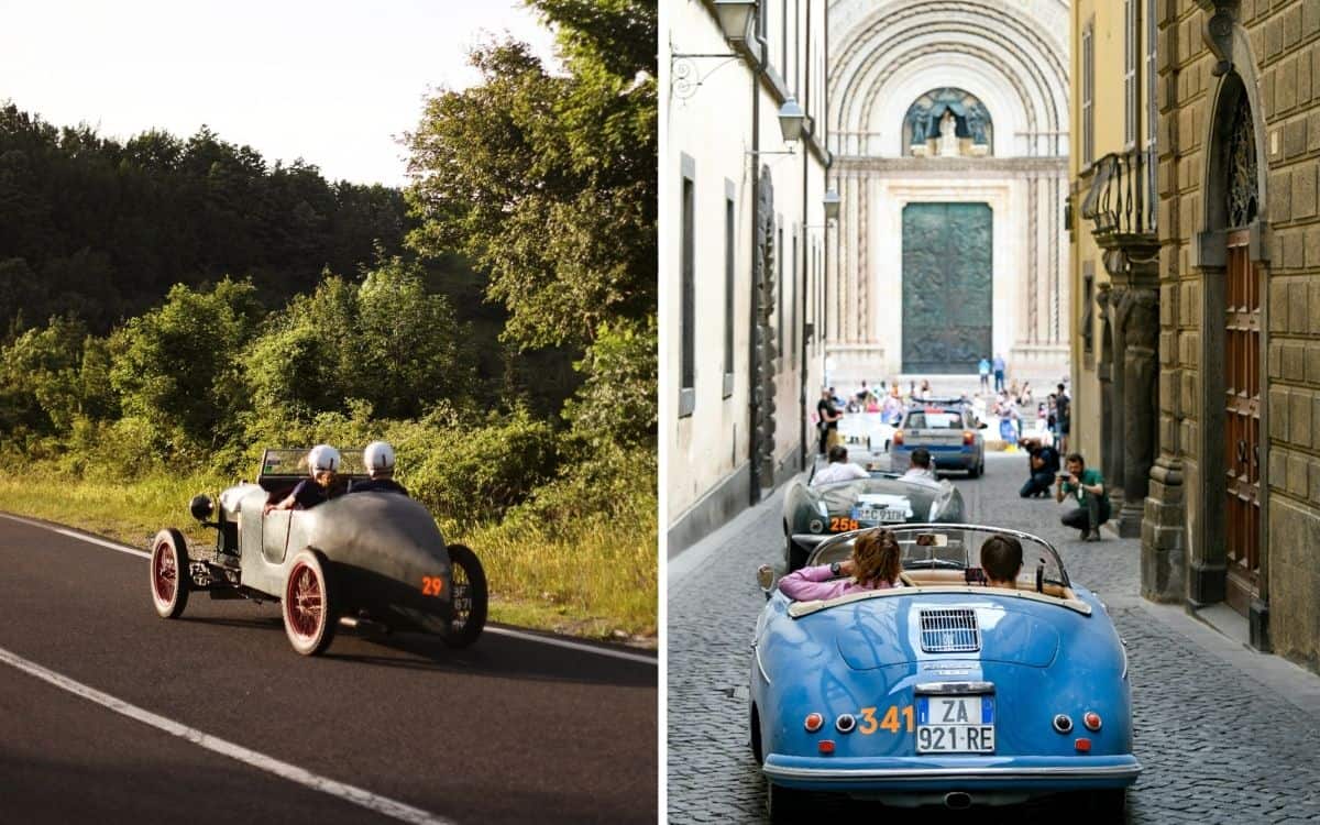 Cars drive down roads during the 1000 Miglia.