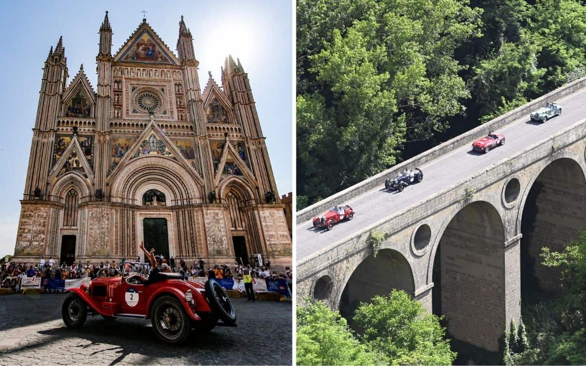 One of the competing 1000 Miglia cars pictured outside a church on the left. Pictured right are cars driving across a bridge.