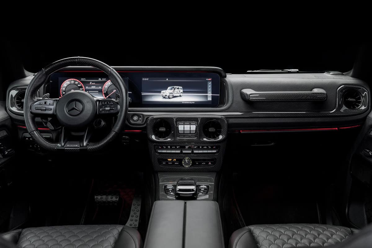 The dashboard of the G-Wagen is pictured. 
