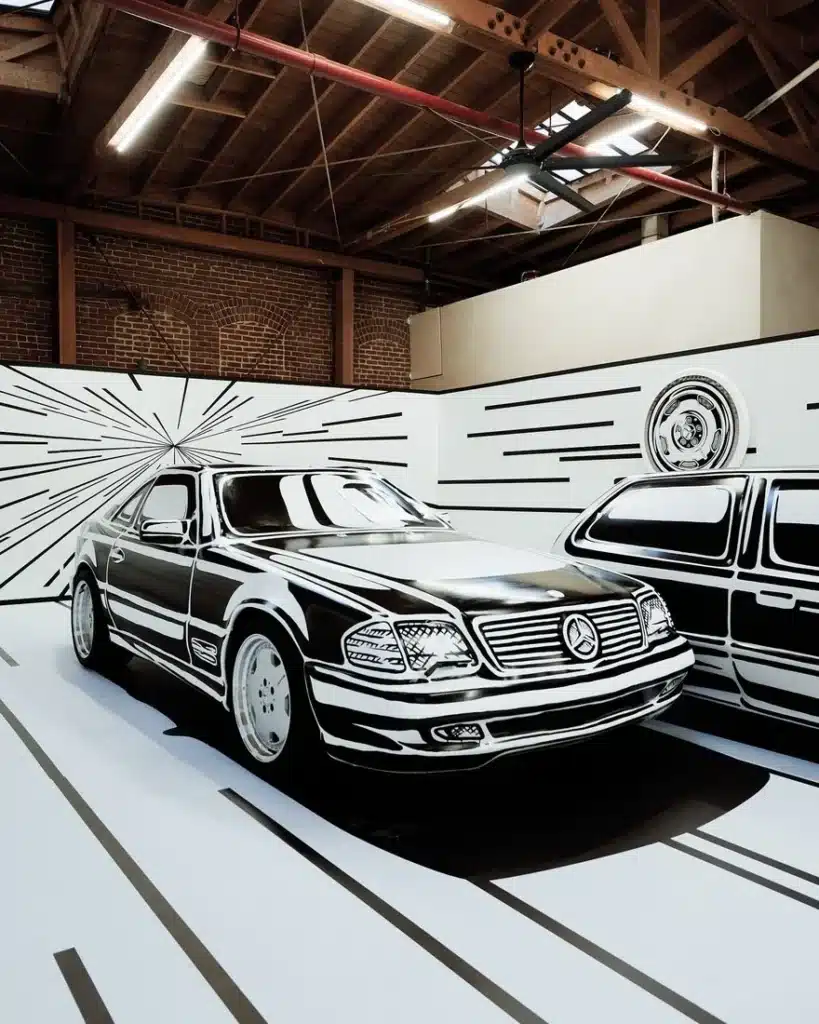 Artist turns real cars into comic book creations with bold outlines and a surreal 2D sketch style