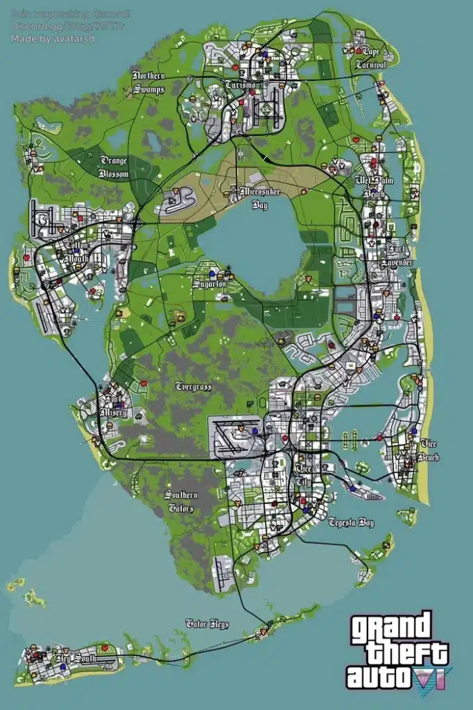 As well as Vice City getting an upgrade there's a slew of new locations in the GTA VI map leak