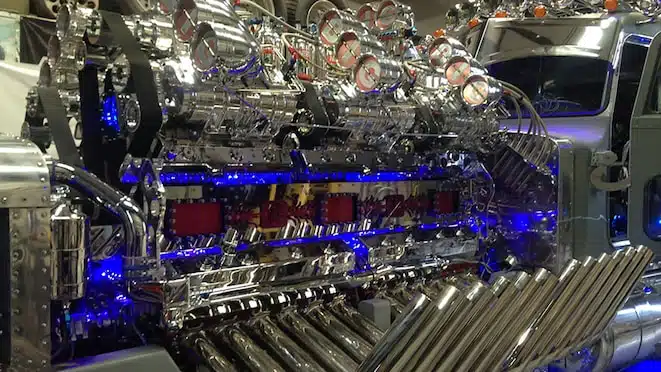 Mike Harrah's THOR 24 semi truck is powered by a combination of two 14 liter, V12 engines.