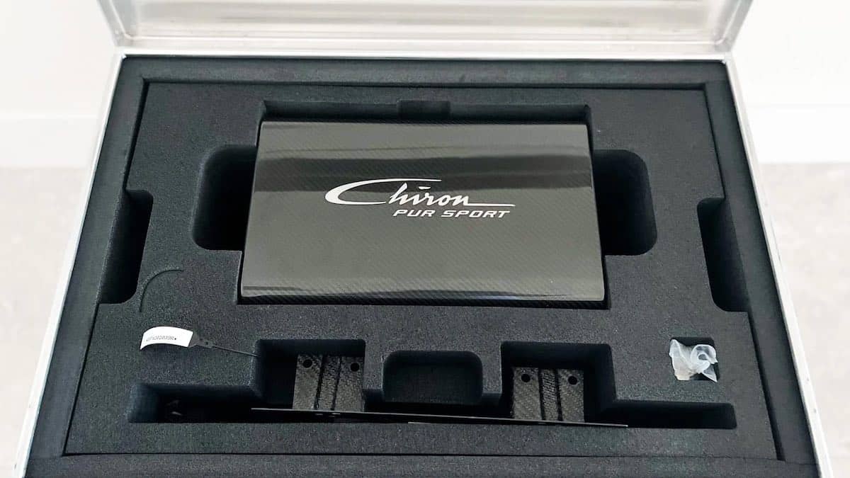 The carbon fiber owners manual pouch for the 2021 Bugatti Chiron Pur Sport