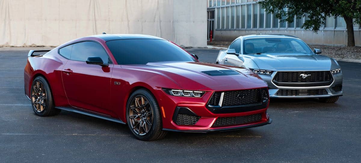 Red Mustang GT and silver Mustang EcoBoost