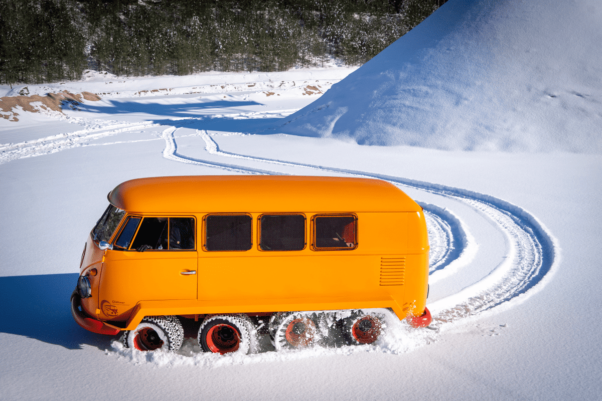 VW kombi campervan transformed into tank with tracks