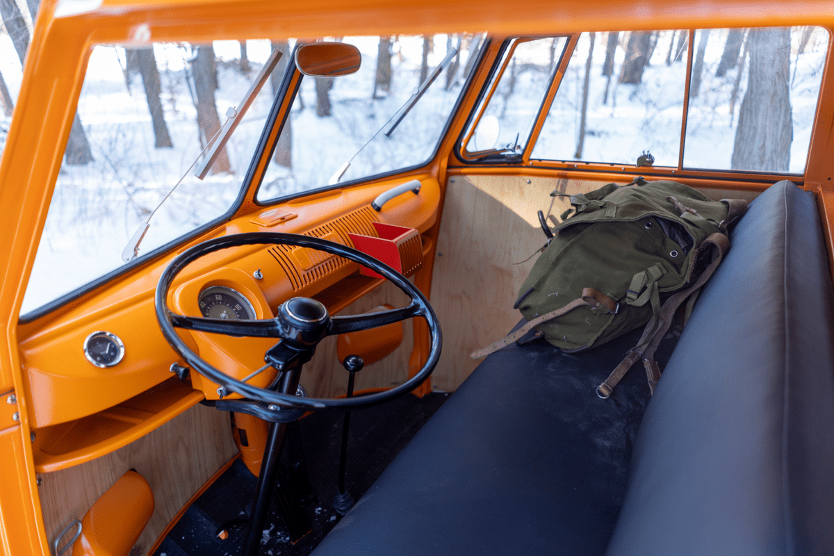 The interior of the VW kombi campervan transformed into tank with tracks