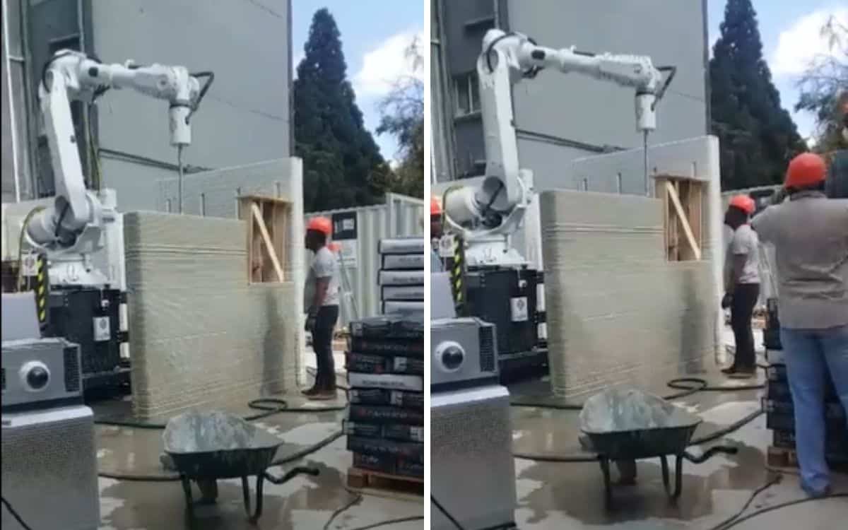 The robot arm builds a house using 3D printing.