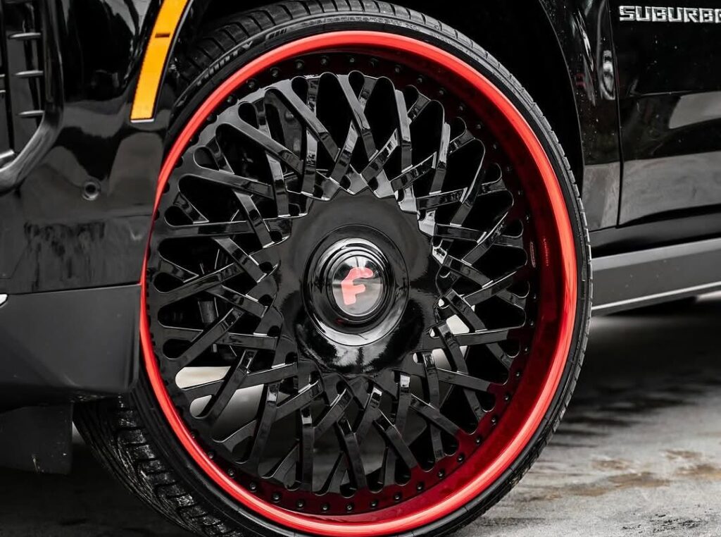 2025 Chevy Suburban and C8 Corvette get red and black Forgiato wheels in a bold showcase of aftermarket style and street presence