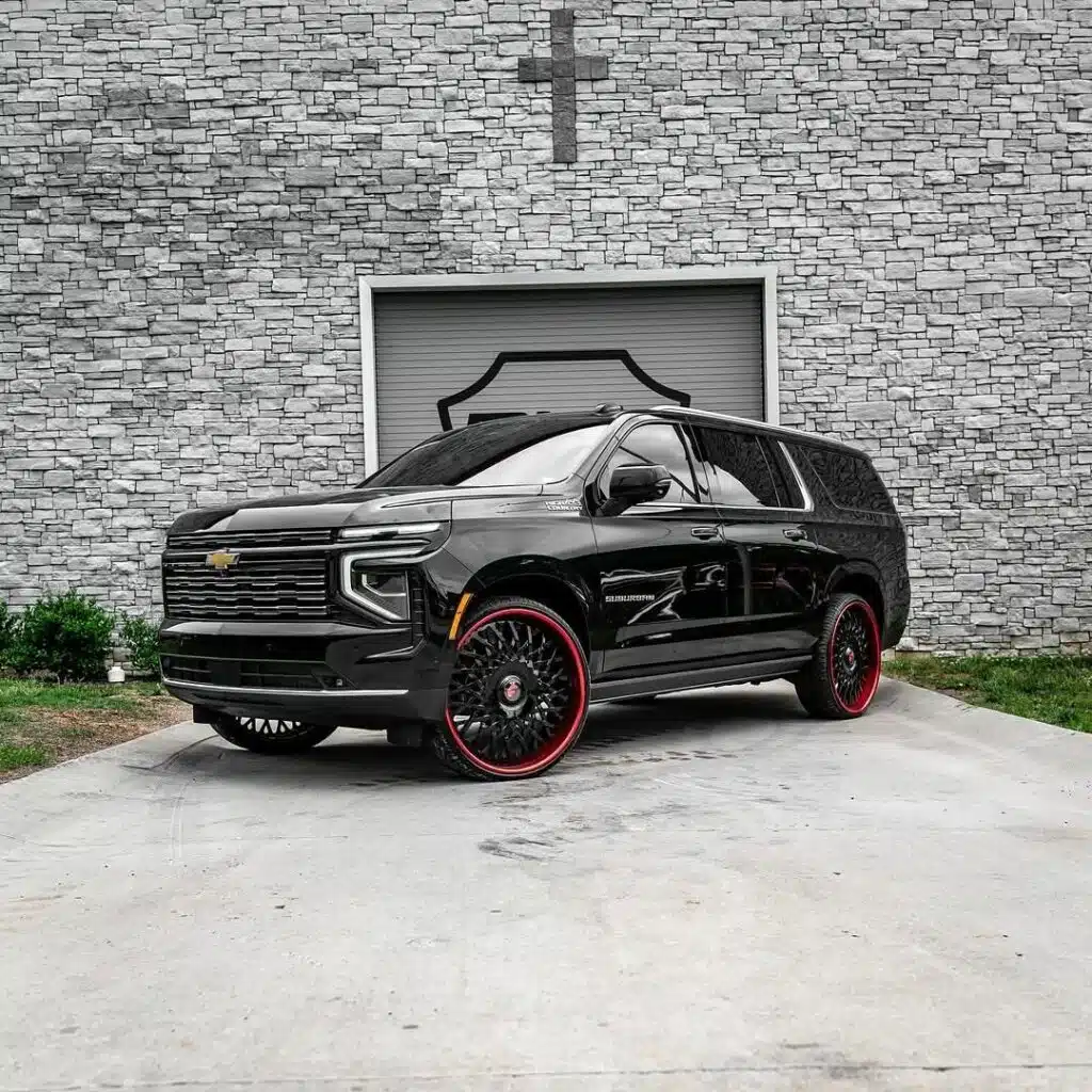 2025 Chevy Suburban and C8 Corvette get red and black Forgiato wheels in a bold showcase of aftermarket style and street presence