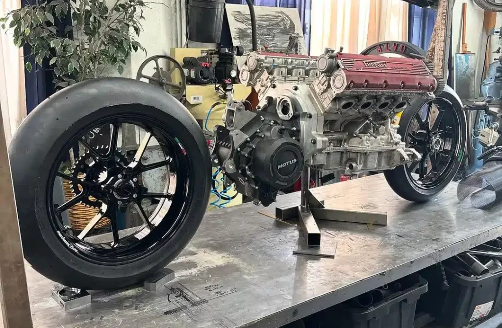 This custom V8 motorcycle uses a Ferrari F355 engine and keeps true sport bike proportions while delivering 400 horsepower in a 590-pound build