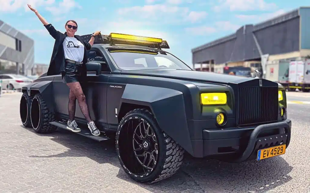 This custom build turns a Rolls-Royce Phantom into a 6x6 off-roader using BMW parts, crocodile leather, and gold trim inside and out