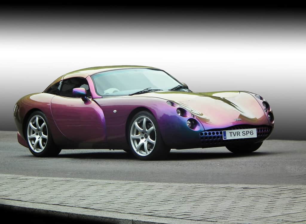 TVR Tuscan Speed Six in ChromaFlair, front three quarter