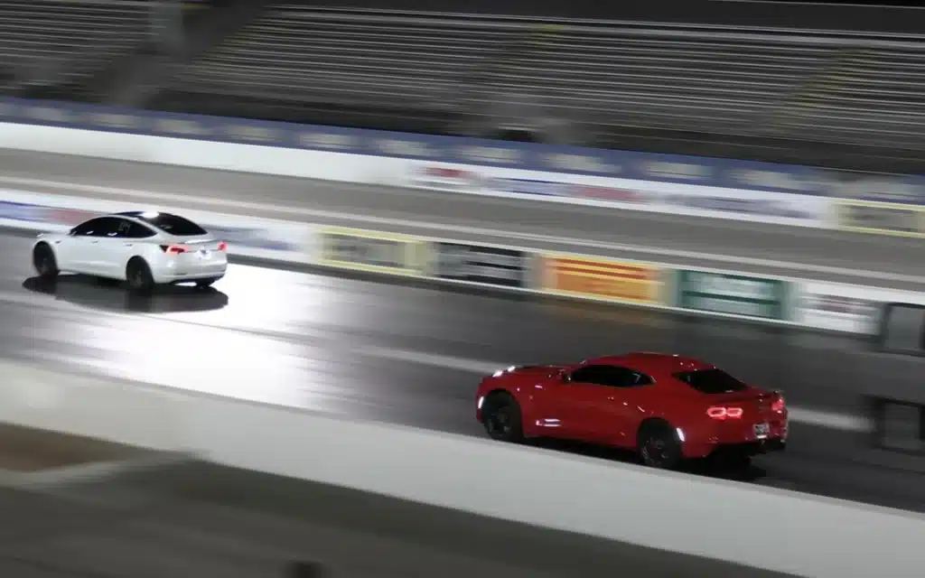 A Dodge Hellcat, a Chevy Camaro SS, a Chevy Corvette and a Mustang GT500 took on two Tesla EVs, including a Plaid, in back-to-back drag races