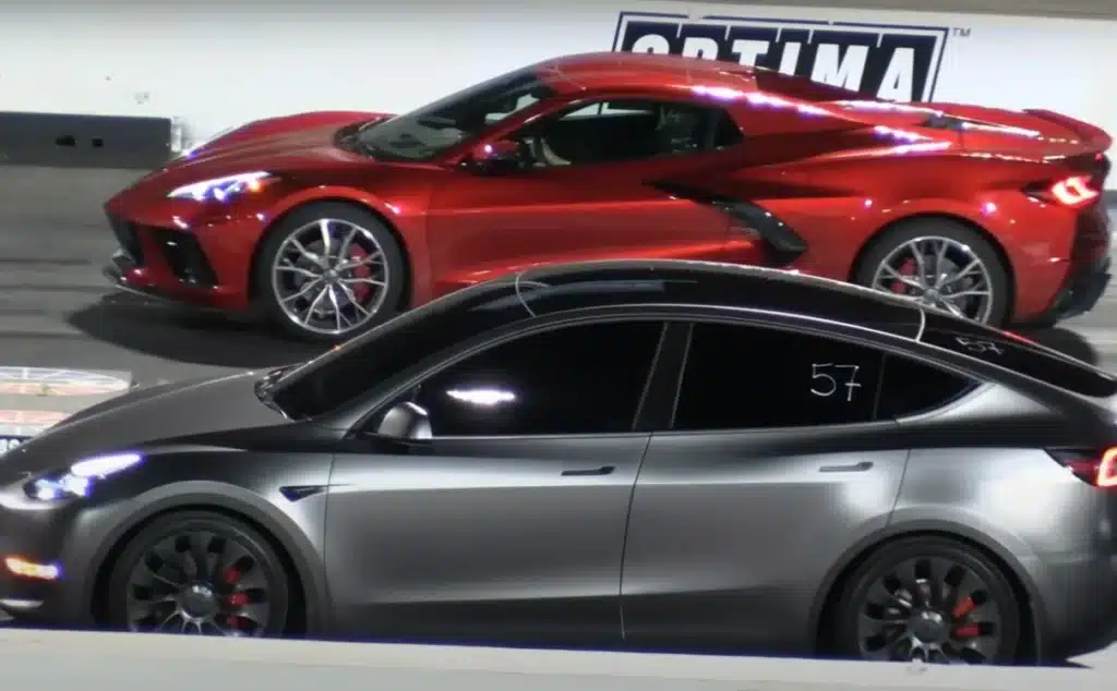 A Dodge Hellcat, a Chevy Camaro SS, a Chevy Corvette and a Mustang GT500 took on two Tesla EVs, including a Plaid, in back-to-back drag races