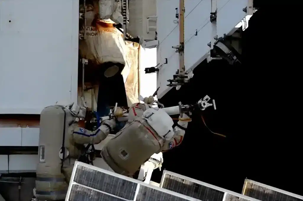 A Russian cosmonaut and his colleague venturing outside the International Space Station (ISS) on a spacewalk were told to 'immediately' leave the area after finding a blob in space