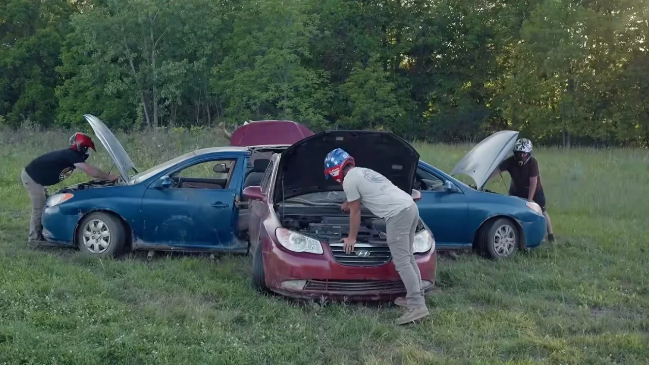 Man welds four cars together into one of the weirdest automotive creations of all time and actually drives it