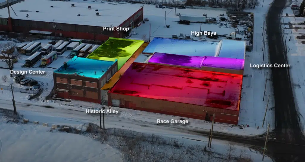 An abandoned car factory is being rebuilt with vintage motorcycles, industrial robots, and a race garage to bring new life into Detroit’s forgotten spaces