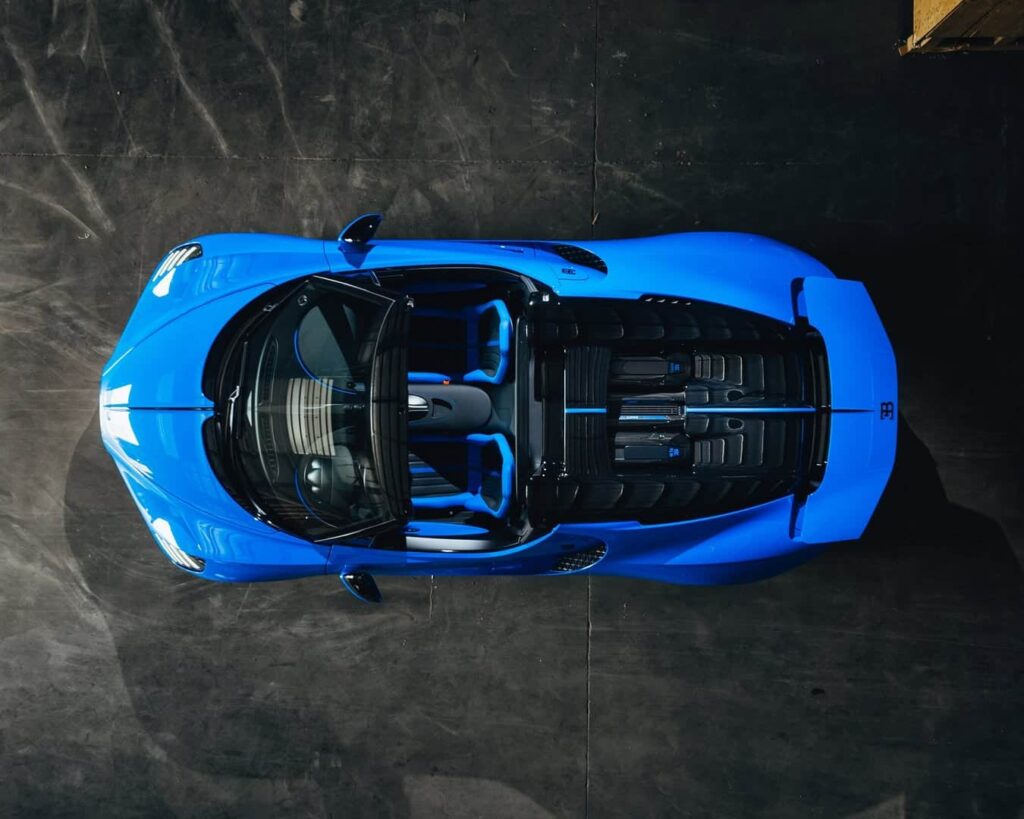 A rare Bugatti Mistral in French Racing Blue with crystal gear shifter and W16 engine was delivered by Miller Motorcars in a dramatic unboxing