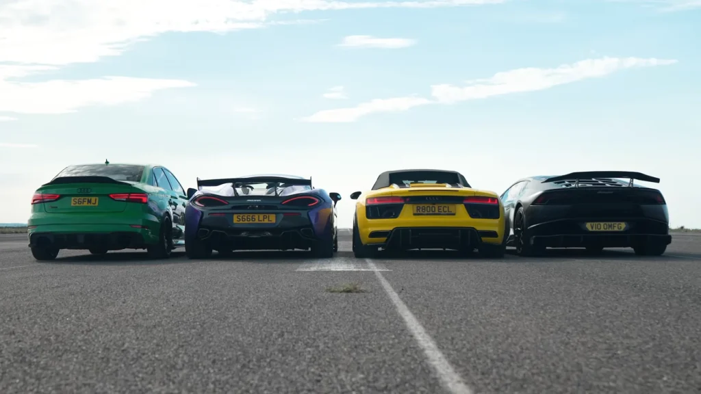 Audi RS 3 has drag race with Lamborghini Huracan, Audi R8, McLaren 570S and it gets awkward for someone