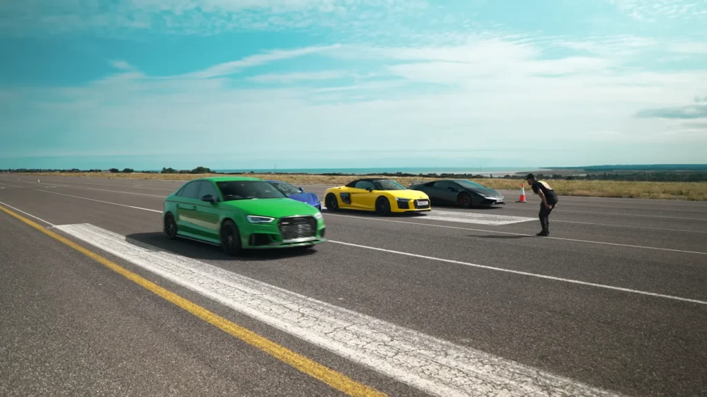 Audi RS 3 has drag race with Lamborghini Huracan, Audi R8, McLaren 570S and it gets awkward for someone
