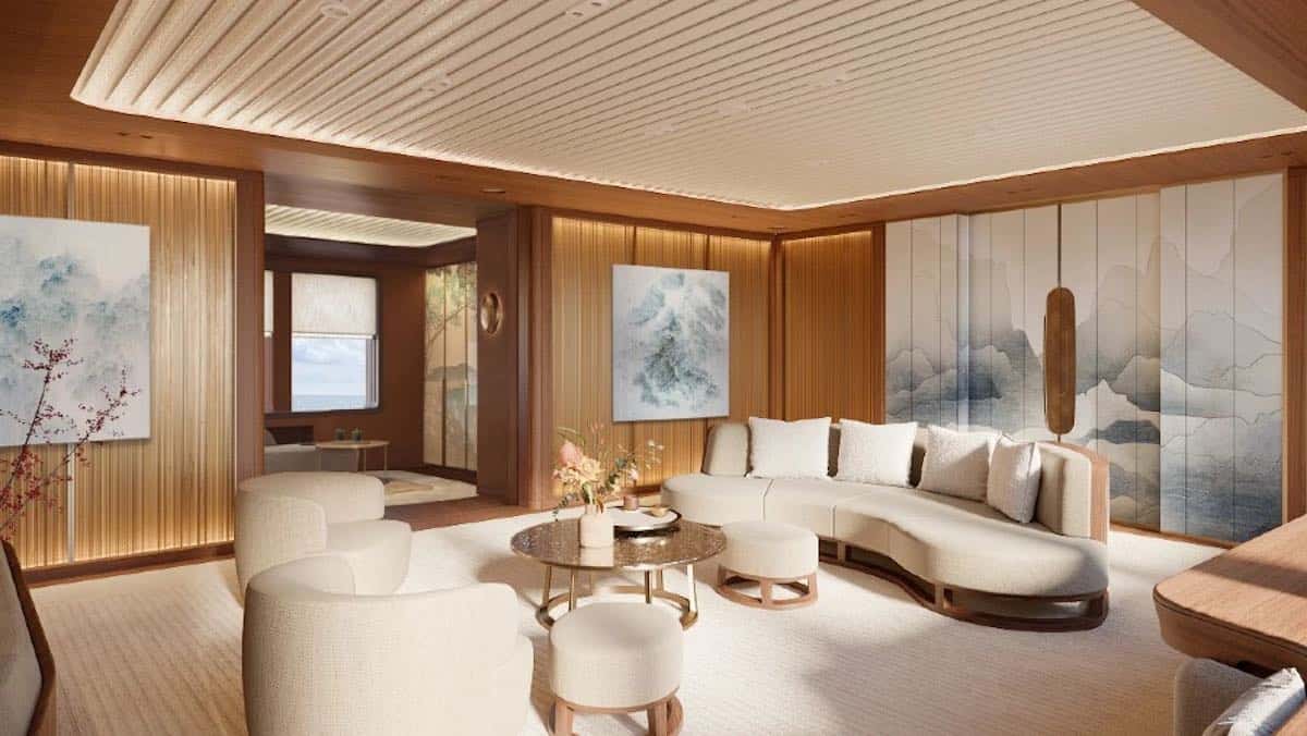 The living room inside the Admiral Kensho superyacht