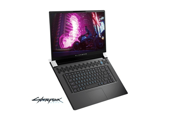 Alienware X17 laptop open with a graphic on the screen.