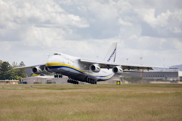An Antonov AN-124 cargo aircraft loaded with Australian Government-donated Bushmaster Protected Mobility vehicles bound for Ukraine departs RAAF Base Amberley in Queensland.