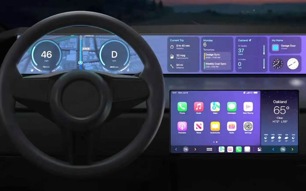Apple CarPlay is pictured on a car's dashboard.