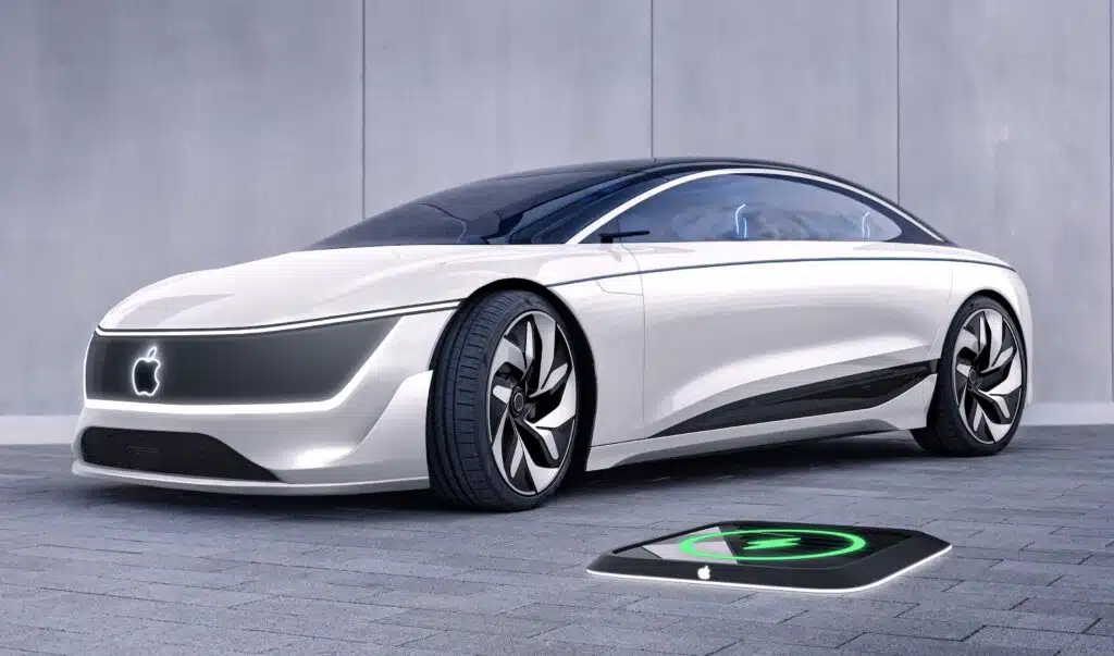 Apple car render showing the front and side view